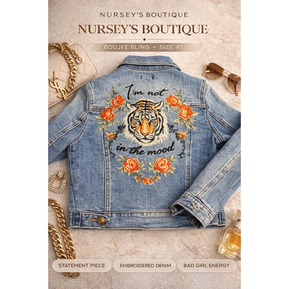 Tiger Embroidered Denim Jacket Floral Statement Y2K XS Boutique